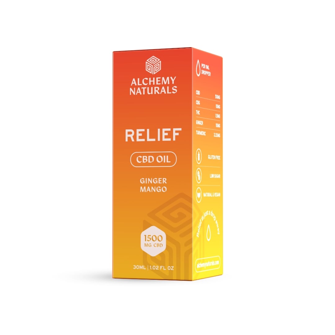 Alchemy Naturals CBD Oil packaging with ginger mango flavor on a white background