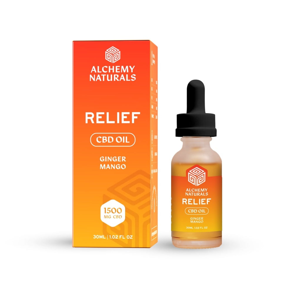 Alchemy Naturals Relief CBD Oil packaging and bottle on a white background