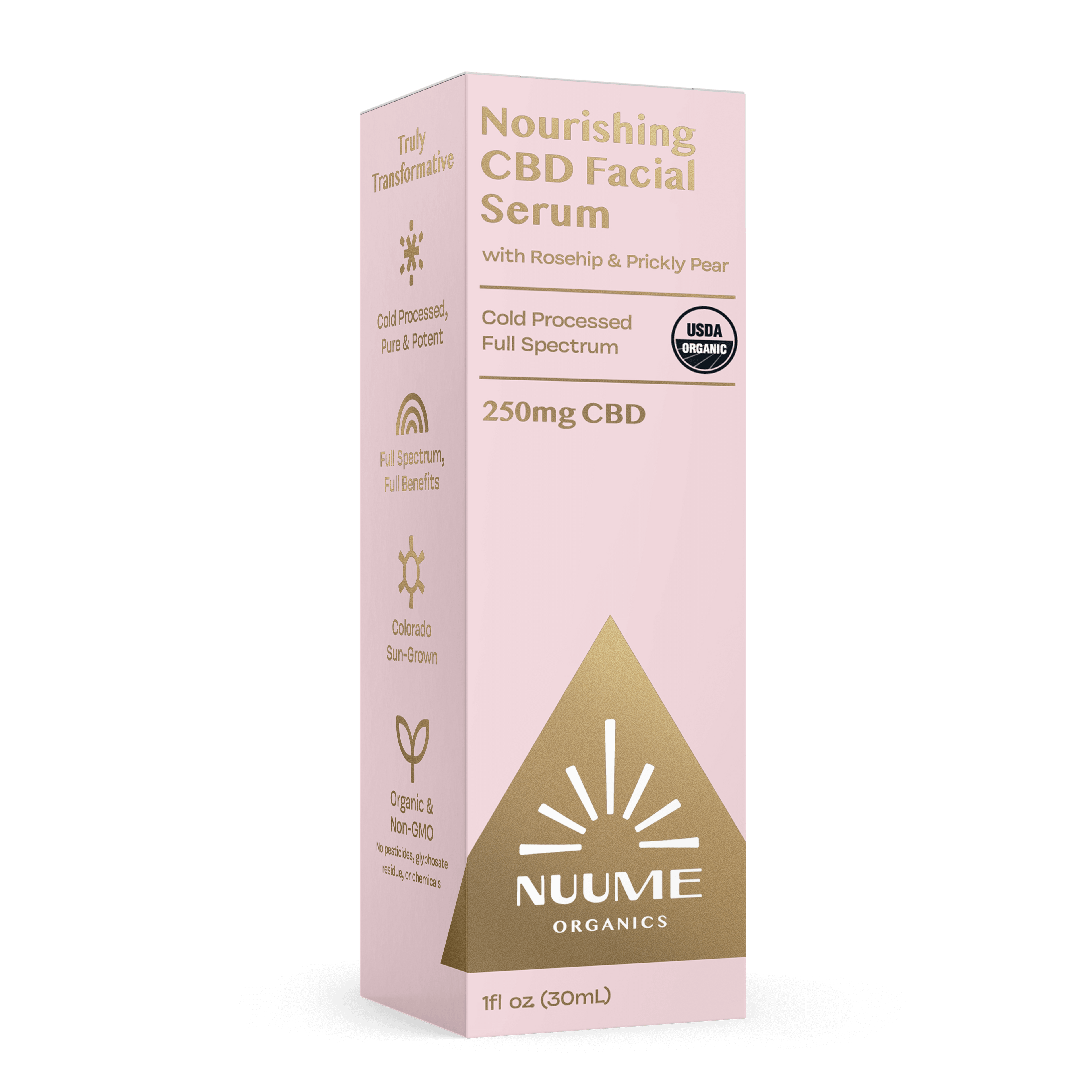 NUUME Organics CBD Facial Serum packaging on a black background
