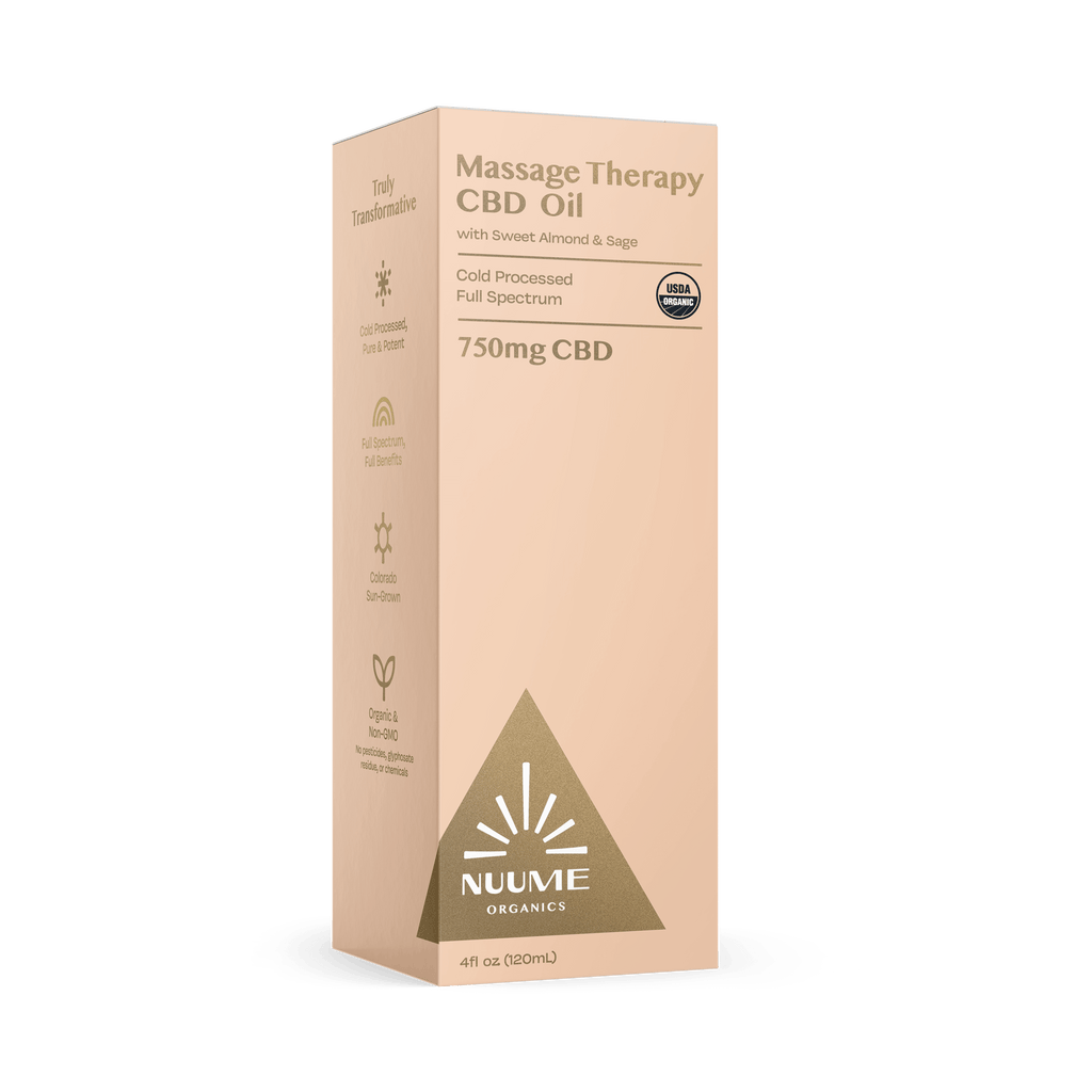 Box of Nuume Organics CBD massage therapy oil on a black background