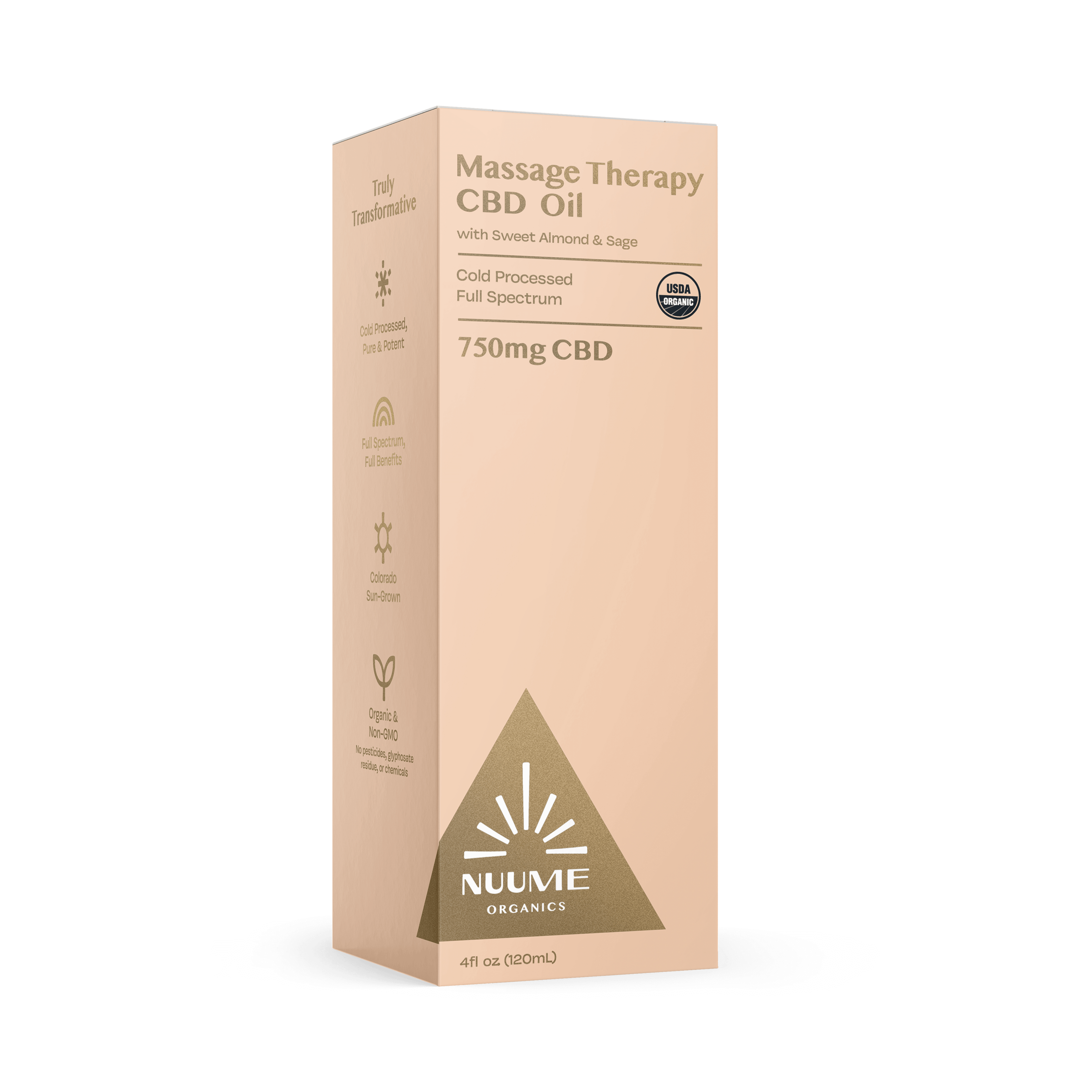 Box of Nuume Organics CBD massage therapy oil on a black background