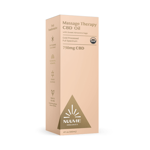 Box of Nuume Organics CBD massage therapy oil on a black background