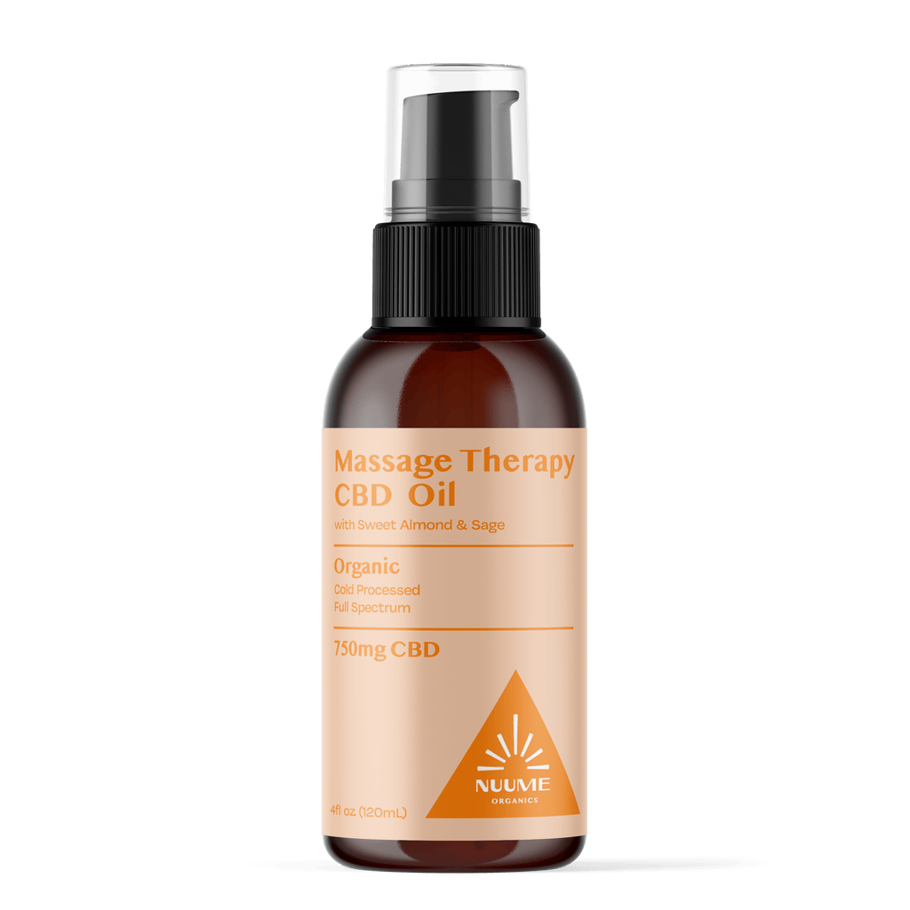 Bottle of massage therapy CBD oil with NuMe branding on a black background