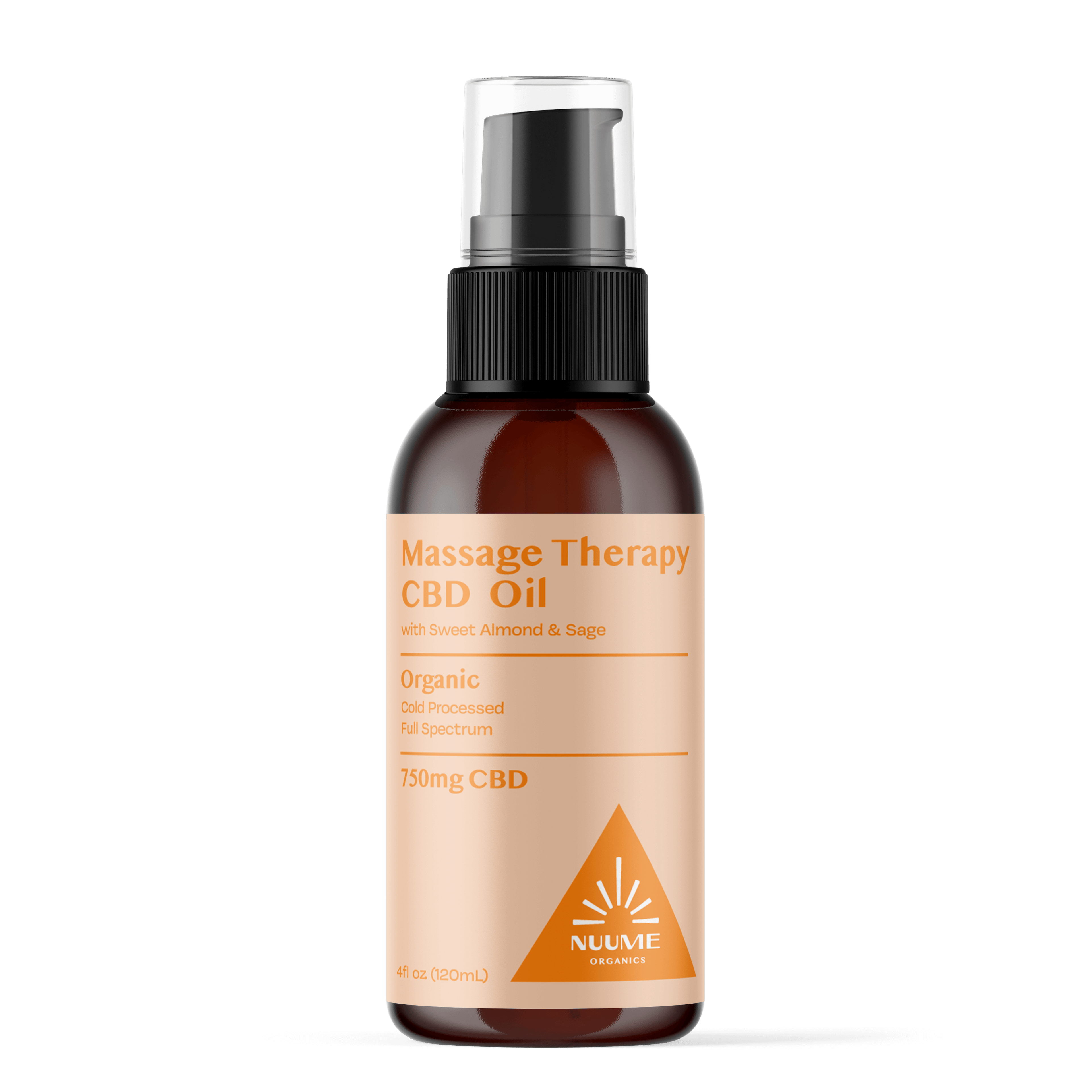 Bottle of massage therapy CBD oil with NuMe branding on a black background