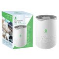 USB-powered true HEPA air purifier with packaging on a white background