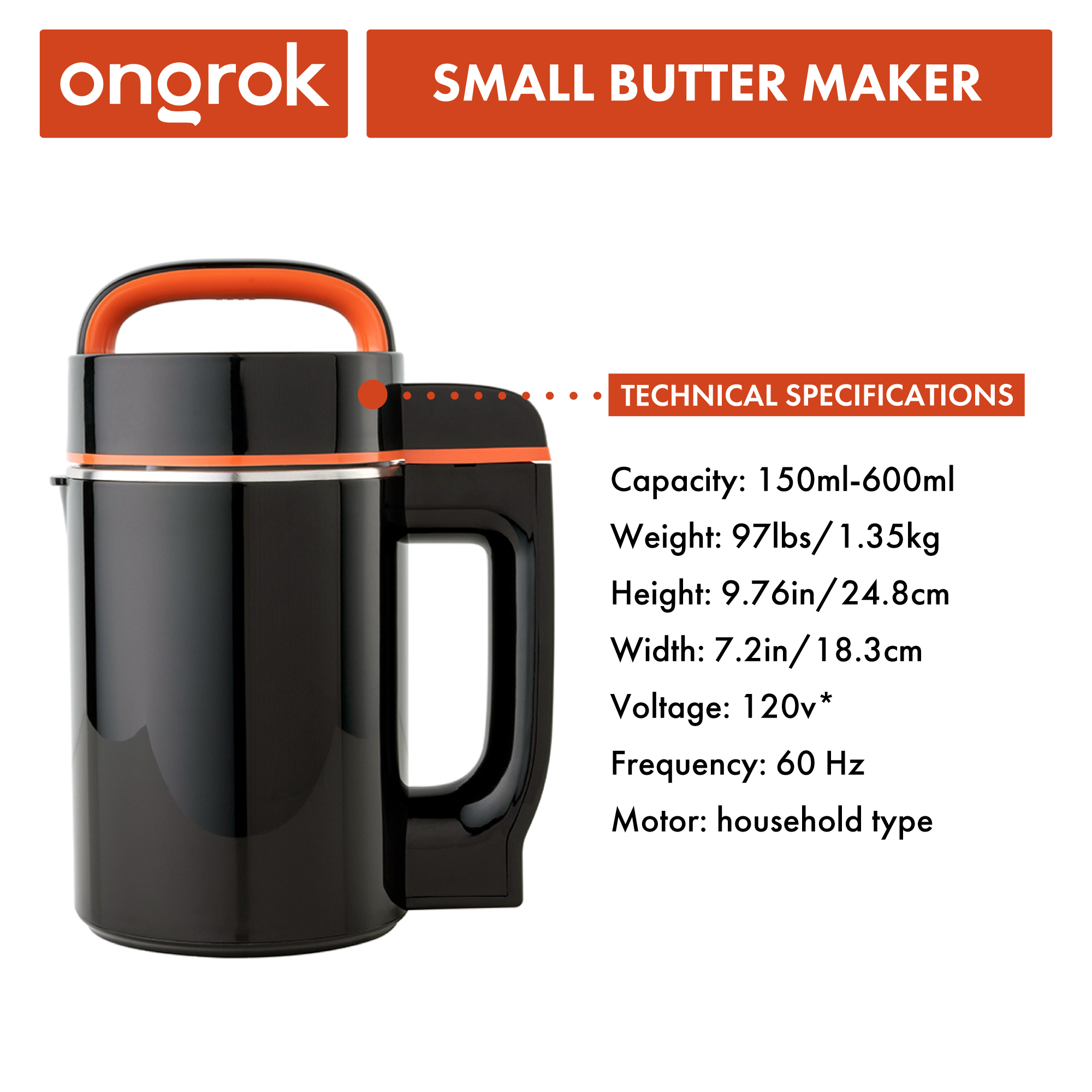 Black and orange small butter maker with technical specifications on a white background