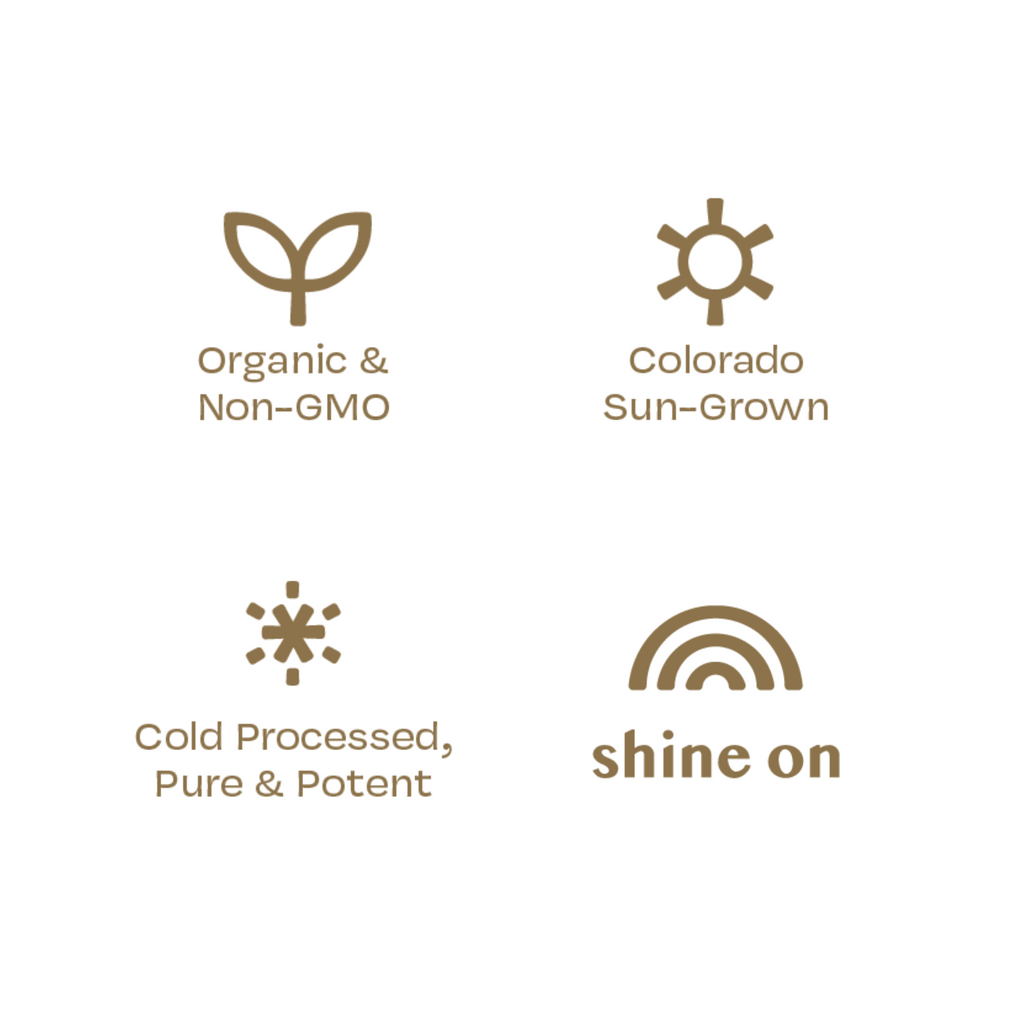Set of icons and text on a white background, emphasizing organic, non-GMO, Colorado sun-grown, cold processed, pure, potent, and 'shine on' qualities.