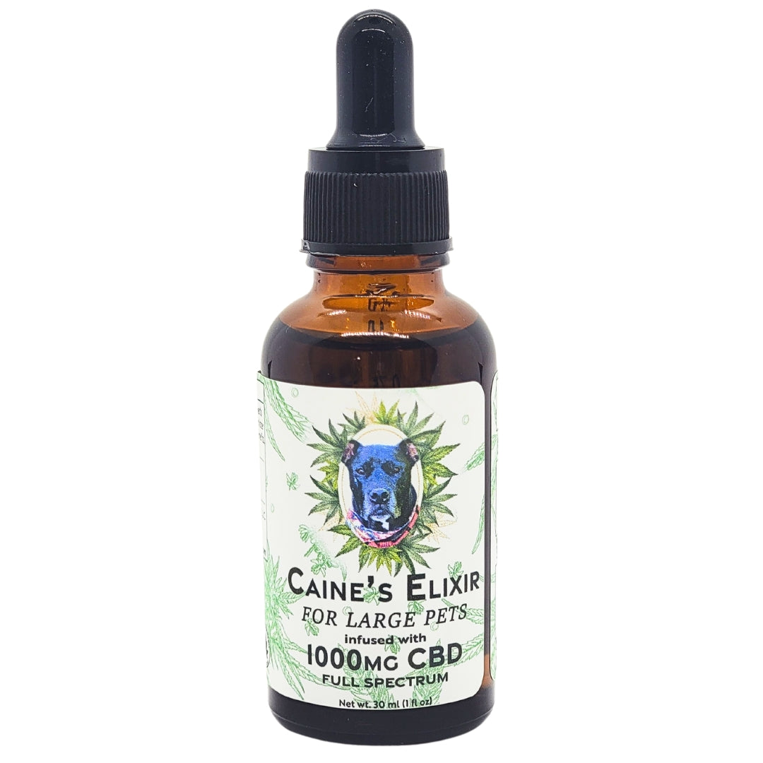 Bottle of Caine's Elixir for large pets with a dropper on a white background
