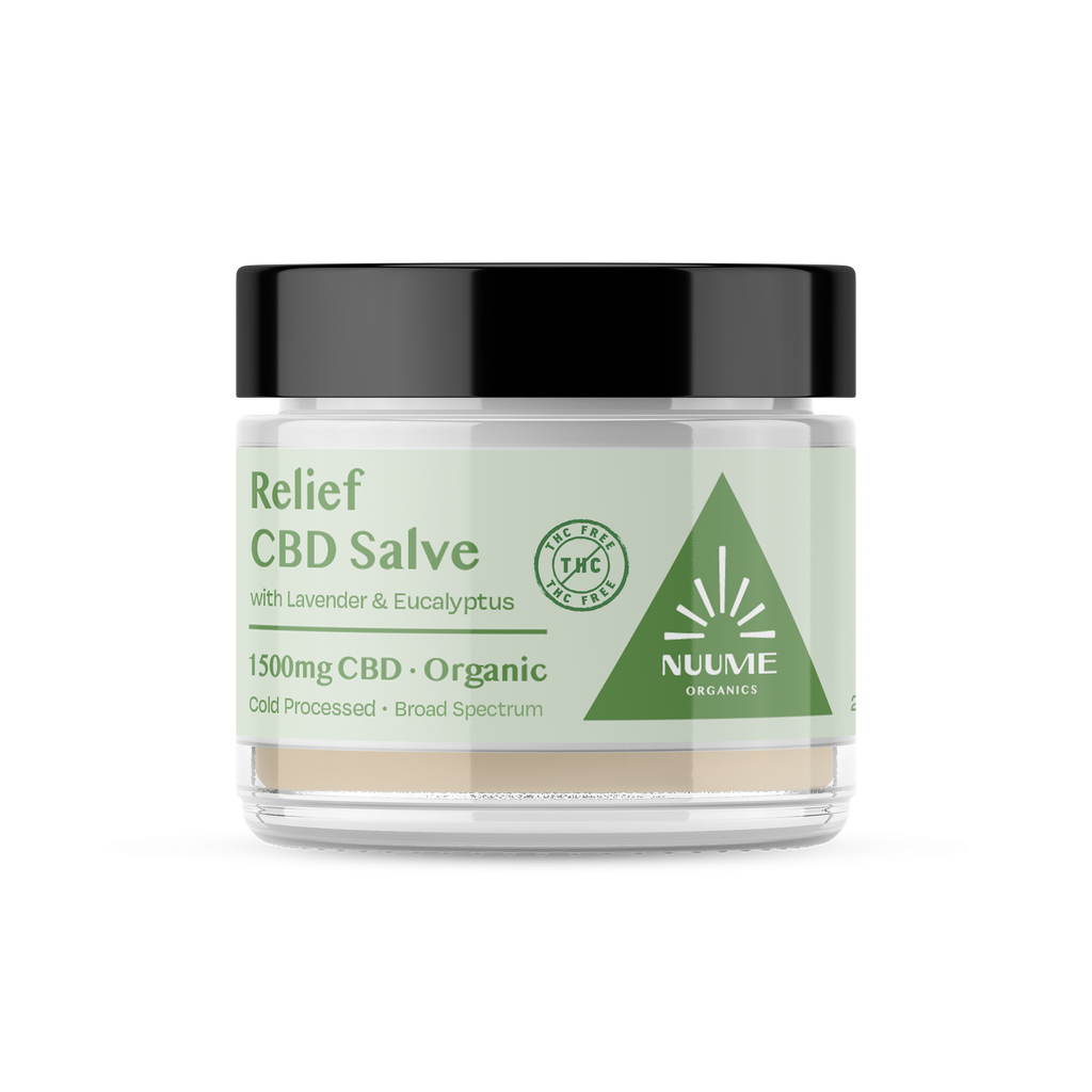 Jar of Relief CBD Salve with Nuvive branding on a white background