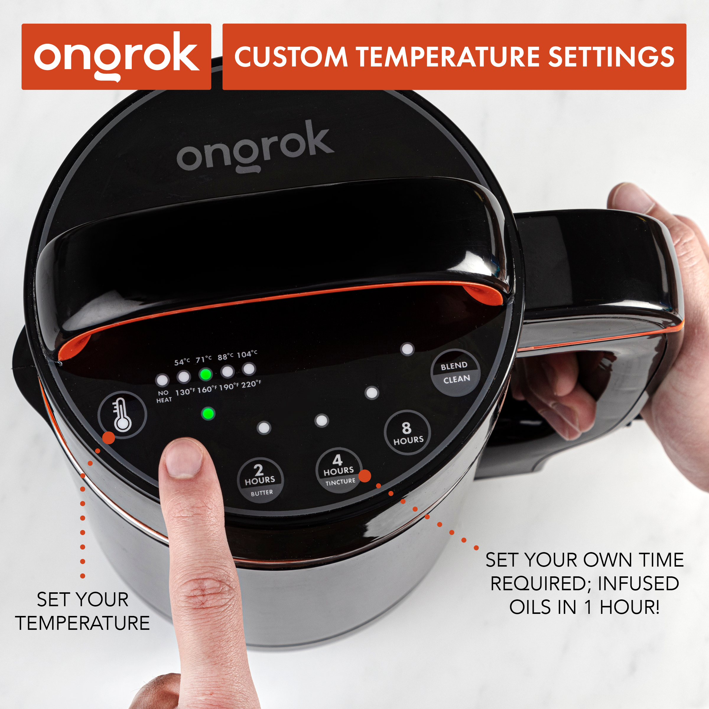 Ongrok kitchen appliance with digital display and control panel on a white background