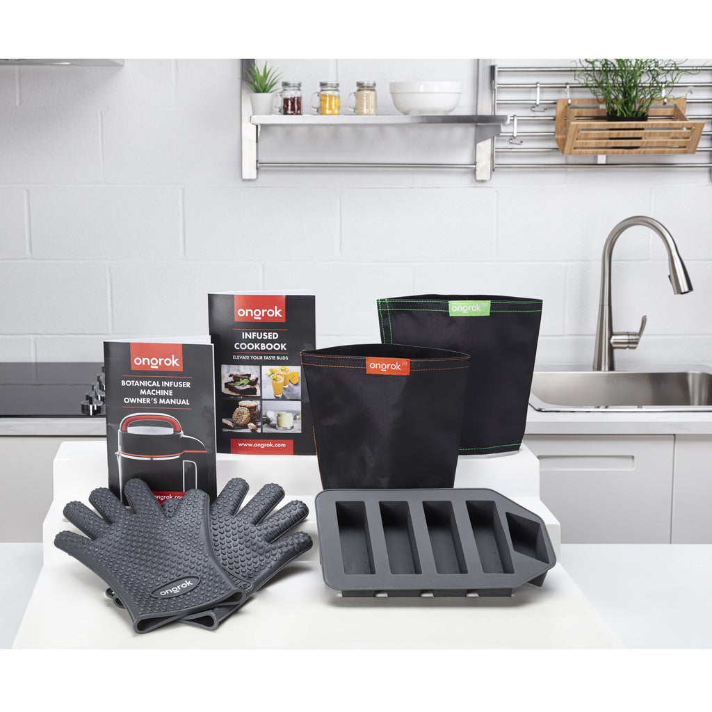 Onorok kitchen product set including gloves, bags, and a cookbook on a kitchen counter.
