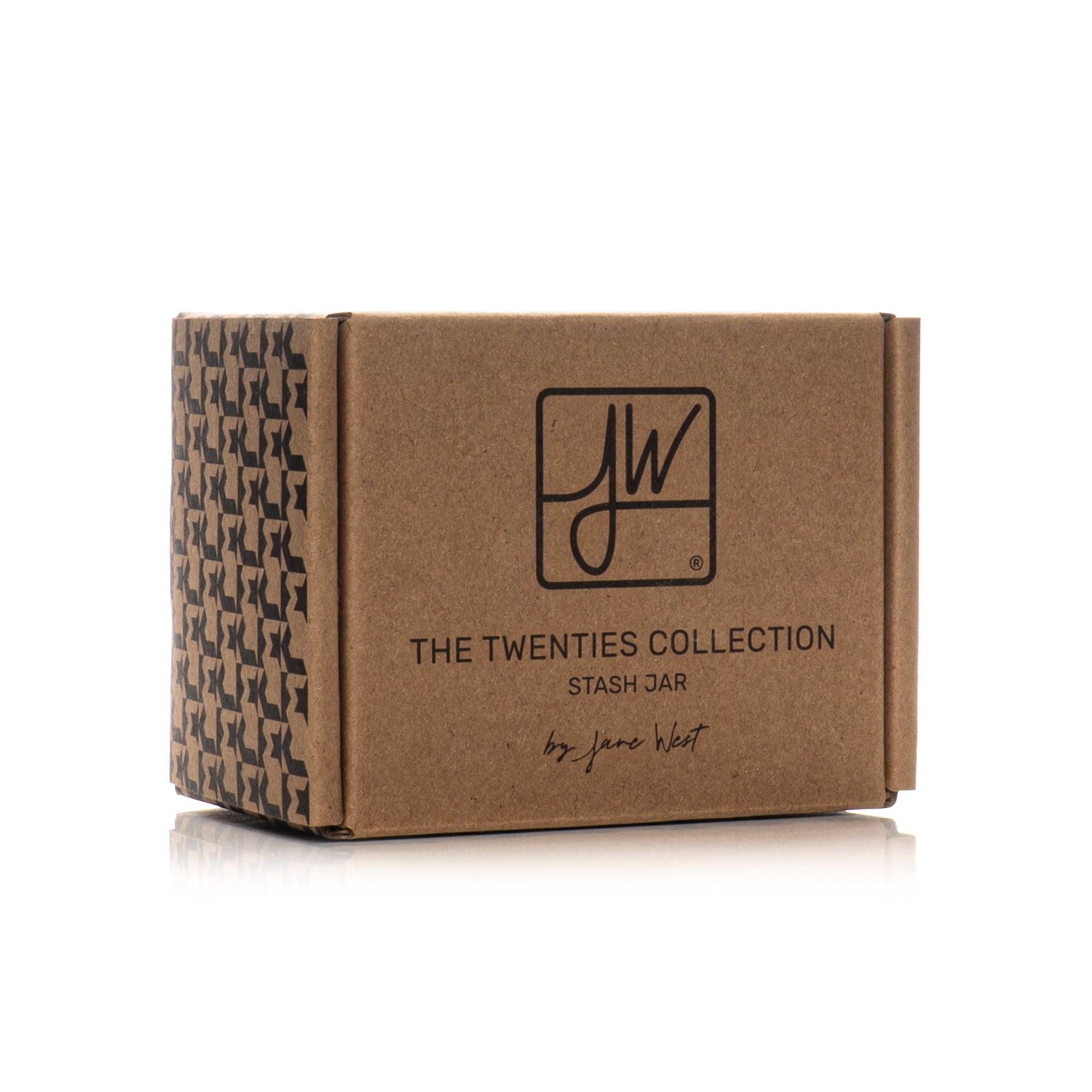 Brown cardboard box with patterned side and 'JW' logo, labeled 'The Twenties Collection Stash Jar by Jane Wiser'.