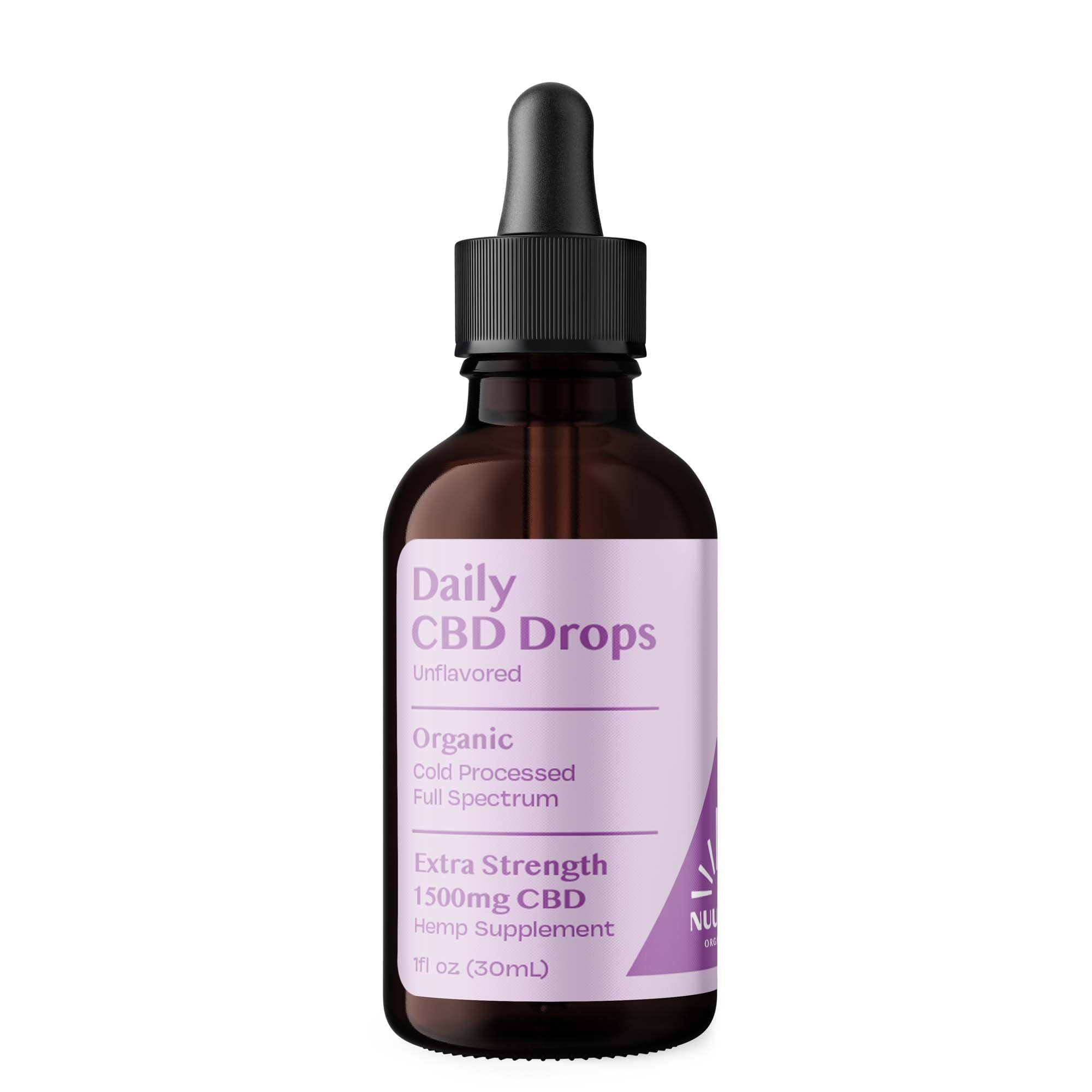Bottle of Daily CBD Drops with a dropper on a white background