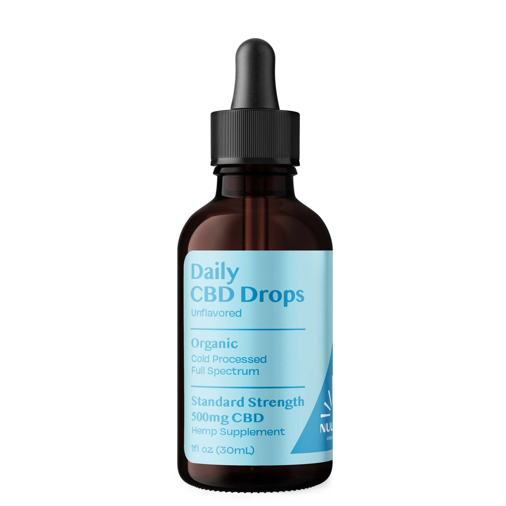 CBD oil dropper bottle with blue label on a white background