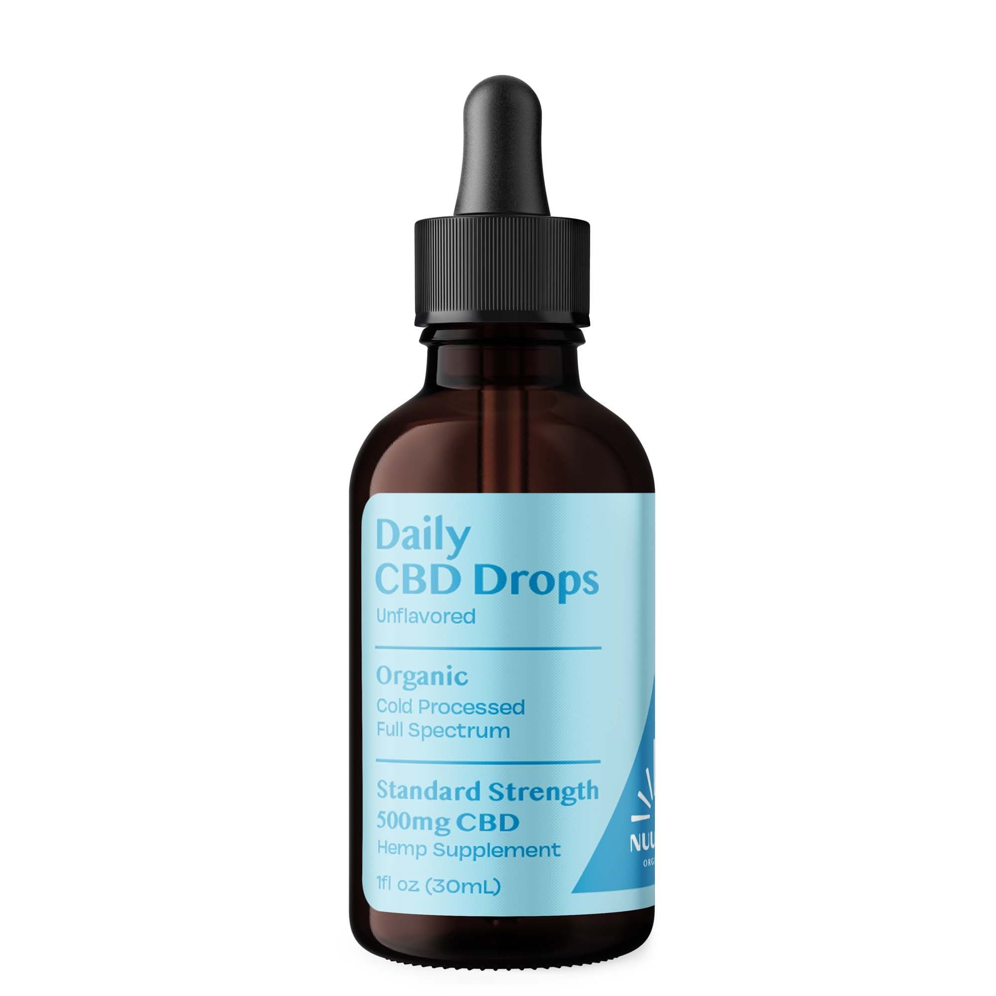 CBD oil dropper bottle with blue label on a white background