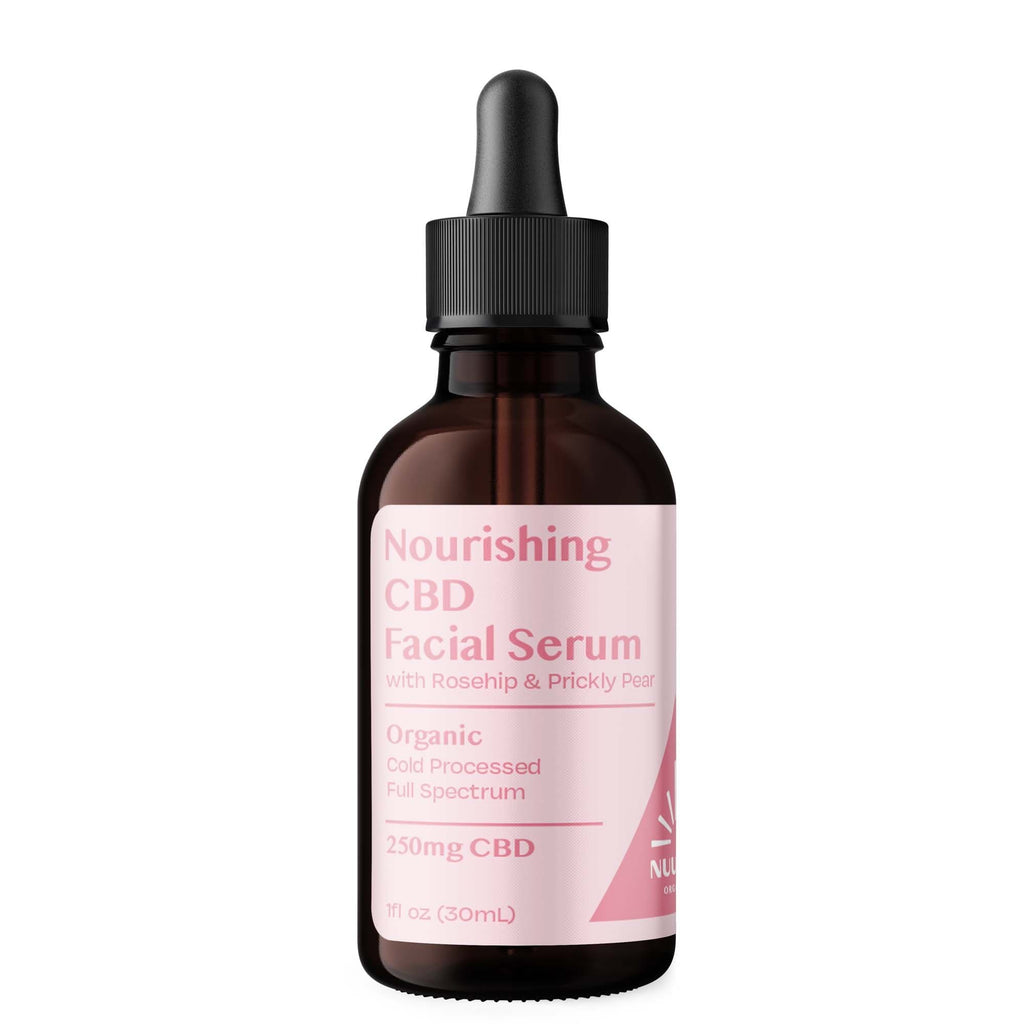 CBD facial serum bottle with dropper on a white background