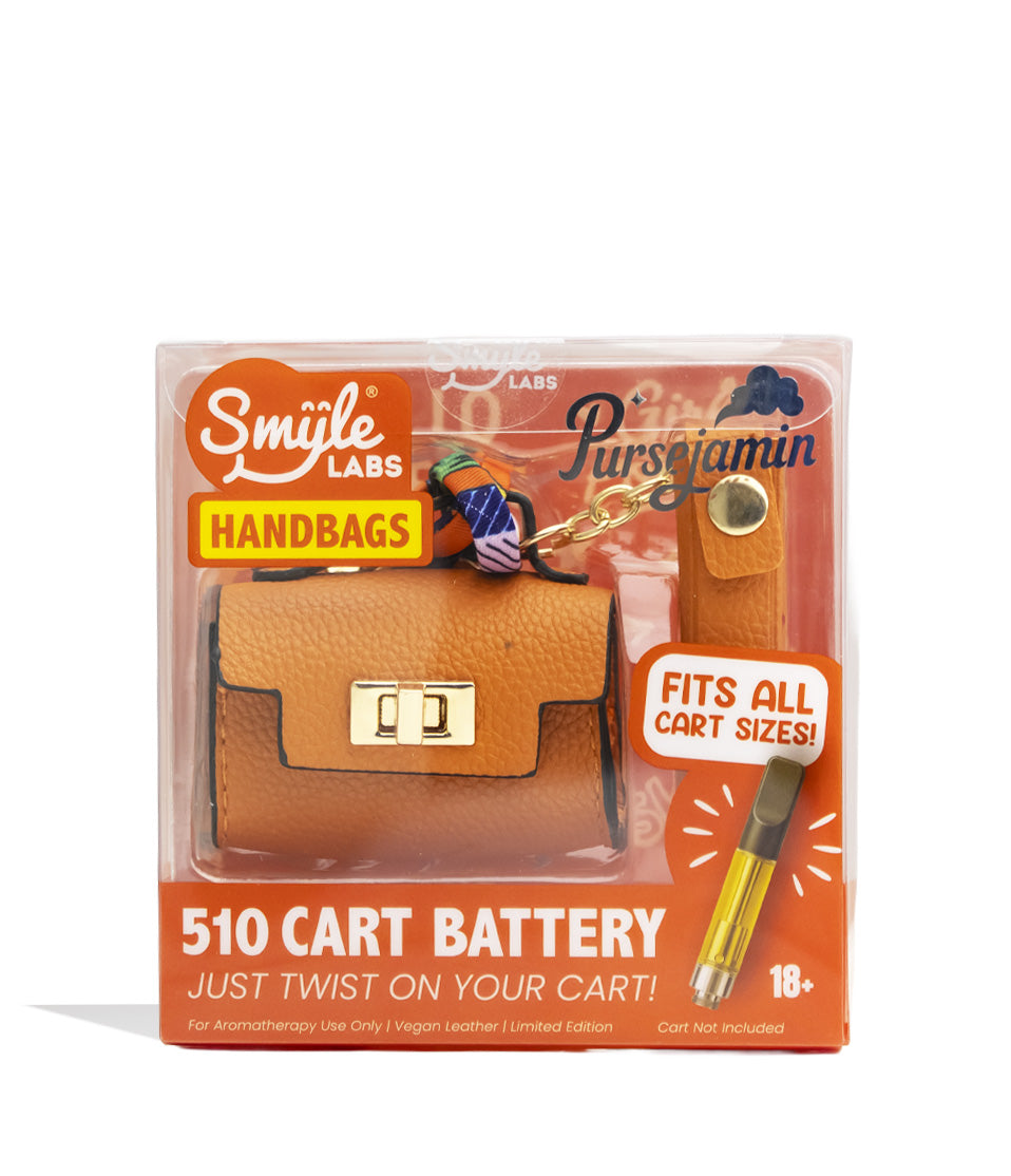Packaged product with a brown handbag design and branding on an orange background